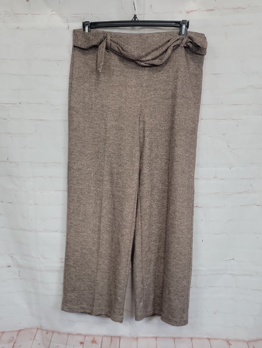 Wide-Leg High-Waist Knit Pants with Self-Tie Belt — Taupe